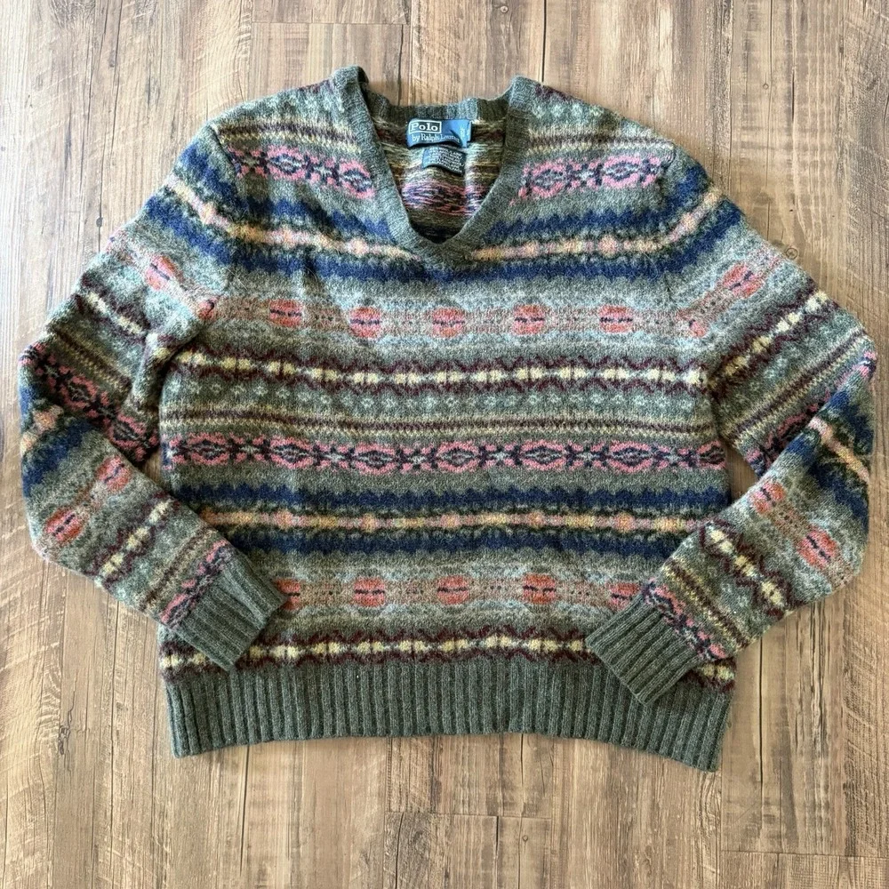 VTG by Ralph Lauren Fair Isle Knit Sweater Wool Alpaca Men's Size L Preppy READ